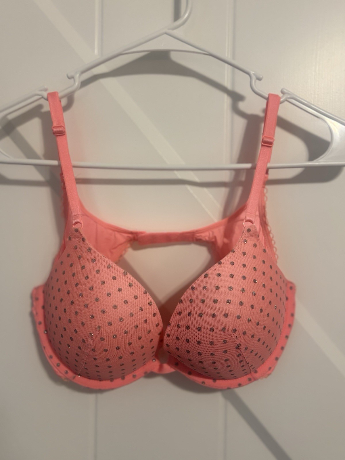 Victoria's Secret Push-Up Coral Pink Bra With Silver Polka Dots-Size 34C