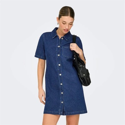 ONLY Women's Denim Dress Dark Blue Denim Short Sleeve XS S M NWT