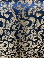 Midnight Blue / Gold Damask Jacquard Brocade Fabric 116in. Sold By The Yard