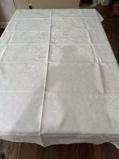 Vtg White Damask Tablecloth Roses Floral 60" X 80