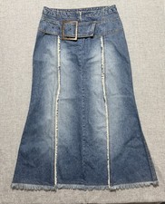 Vtg Belted Flared Denim Maxi Skirt Faded Raw Hem Double Slit Sz 8 Carolina Blues