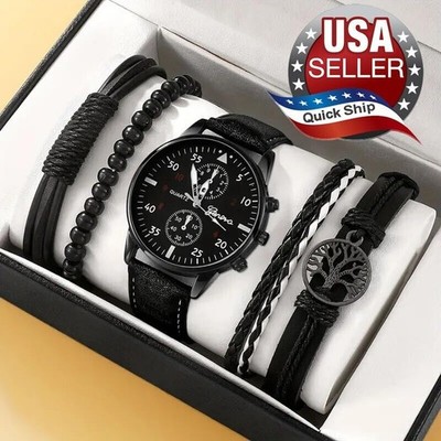 5pc Elegant Quartz Watch Tree of Life & Black Leather Bracelet Set   Black Face