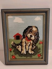 Vintage Framed Puppy Dog Needlepoint Handmade 8.5" X 6.75"