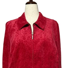 CJ Banks Jacket 2X Red Raised Floral Corduroy Full Stretch Christmas Holiday