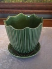 Vintage McCoy Pottery 4.5" Tall Green Ribbed Planter Pot W/ Attached Saucer