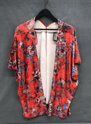 Chloe & Katie Open Kimono Size Large Red Floral Velour Velvet NWT