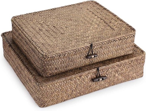 Set of 2 Flat Woven Wicker Storage Bins with Lid Natural Seagrass Basket