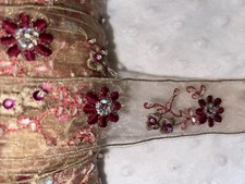 3 yards tan organza ribbon burgundy embroidered flowers clear bugle beads 1.375"