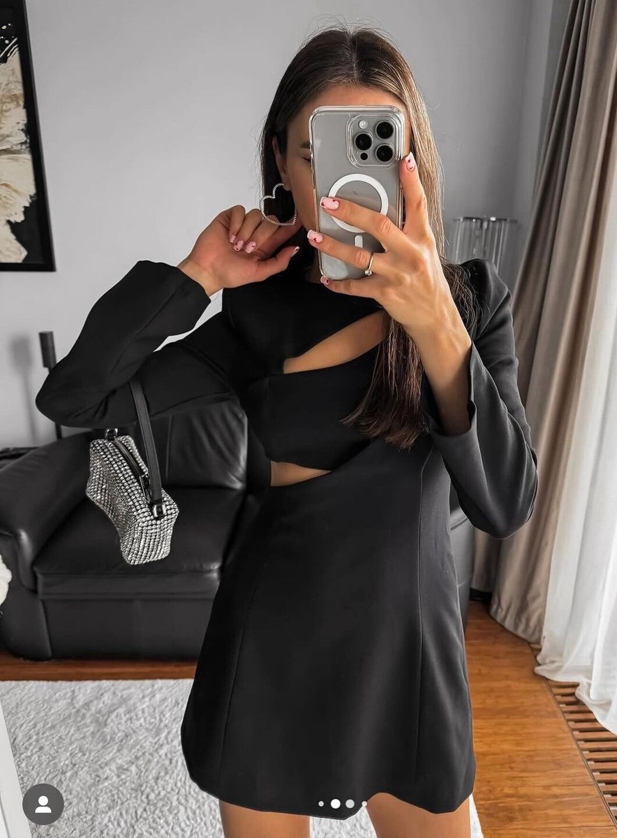 ZARA WOMAN SS24 BLACK CREPE CUT-OUT MINI DRESS BLACK SZ. XS
