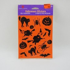 Vintage 80s Stickers Halloween New Sealed 4 Sheets Black Orange Cat Witch