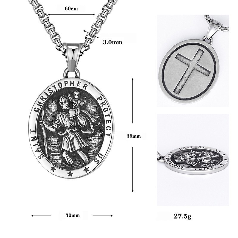 Men St Saint Christopher Medal Pendant Box Chain Necklace Stainless ...