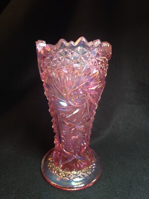 Vintage Pink Carnival Glass Vase Comet In The Stars Sawtooth Vase L E Smith