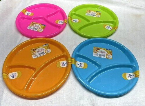 3 Compartment Divider Plastic Plates 8 Plates /4 Colors / Blue/Green/Pink/Orange