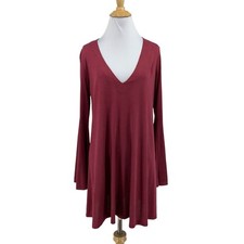 Lush Dress Womens S Small Wine Plunge Neck Keyhole Back Long Bell Sleeve Mini