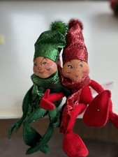 Annalee 12โ posable elves. Shimmery Red and Green (set of 2). Made in USA