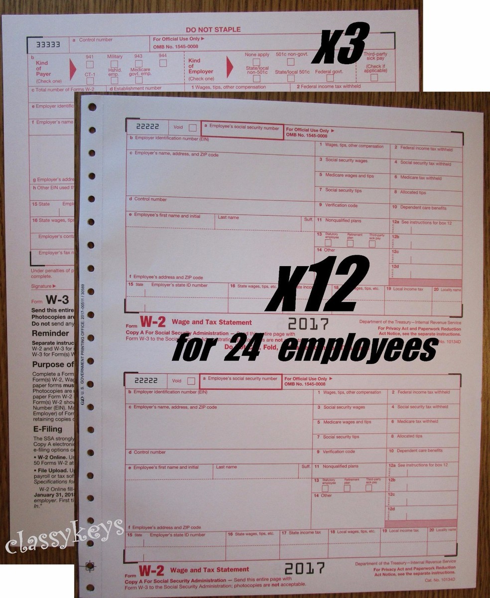 2021 IRS W-2 Wage And Tax Statement Forms – Carbonless 6-Part For 4 Employees, Includes W-3 Form, No Envelopes