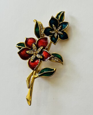 C est Bien Brooch Pin Enamel Rhinestone 2 Flower Red and Blue Signed