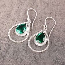 Anniversary Gift For Her Natural Green Emerald Drop/Dangle Earrings 925 Silver