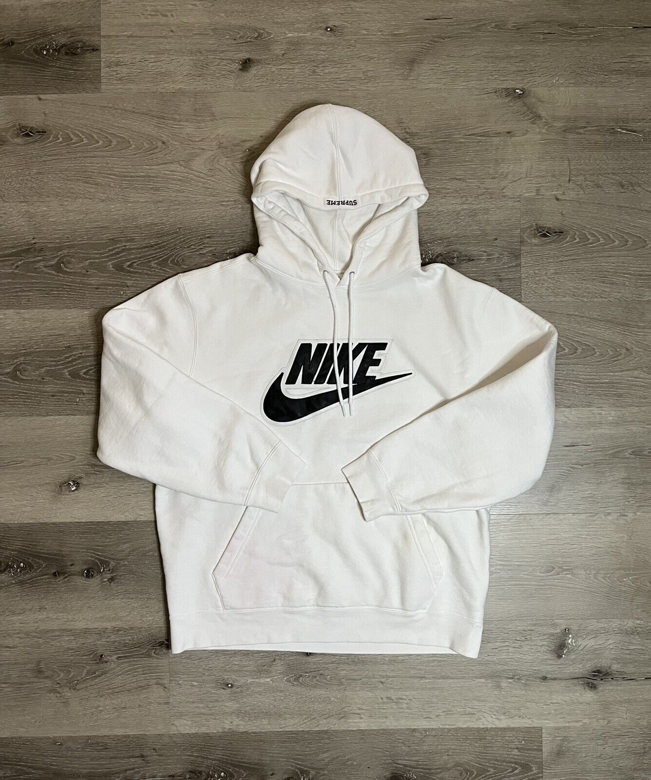 letra Factor malo dos semanas Nike x Supreme Leather Applique Hoodie Sweatshirt White FW19 Mens Sz Large  | eBay