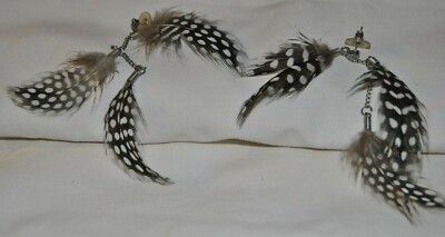 Pin Back Vintage Brown Feather Earrings With Dots, Three Feathers Style    