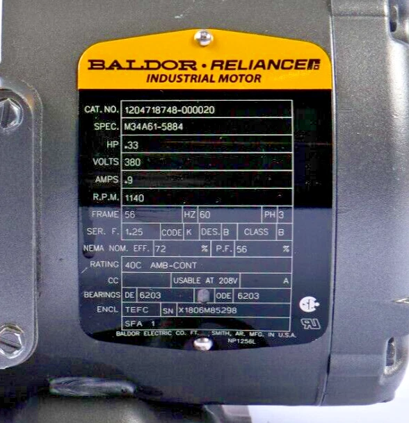 Baldor-Reliance M3535 Three Phase Motor 380V .9A 1140 RPM 1/3HP TEFC - Image 2 of 4