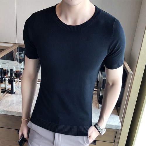 Men's Fashion Ice Silk Knitted V-neck Thin Fashion Slim Short Sleeve T-shirt - Picture 39 of 44