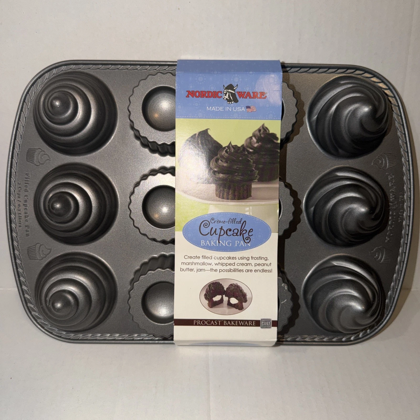 New Nordic Ware Pro Cast Creme Filled Cupcake Baking Pan 6 Cupcake Molds US-11