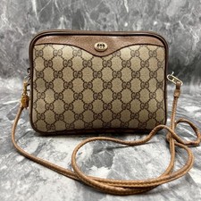 GUCCI 97.02.068 GG Shoulder Bag Brown Beige Leather Gold Hardware Logo