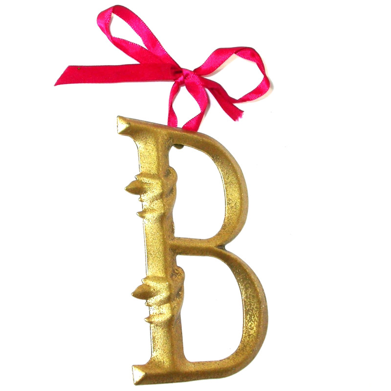 Vintage Letter B Christmas Ornament Fancy Metal Initial Repousse Gold Brass 