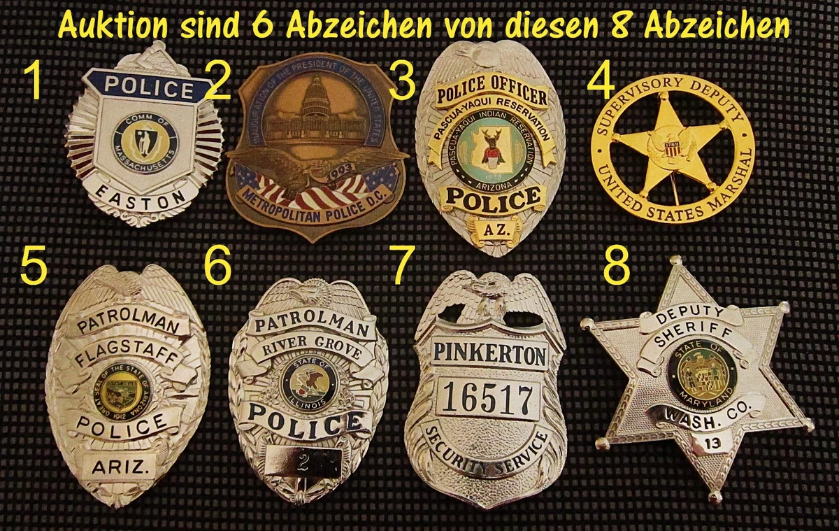 Obsolete police badge, choose 6 x badges / 6 Abzeichen von 8 auswählen, Offer