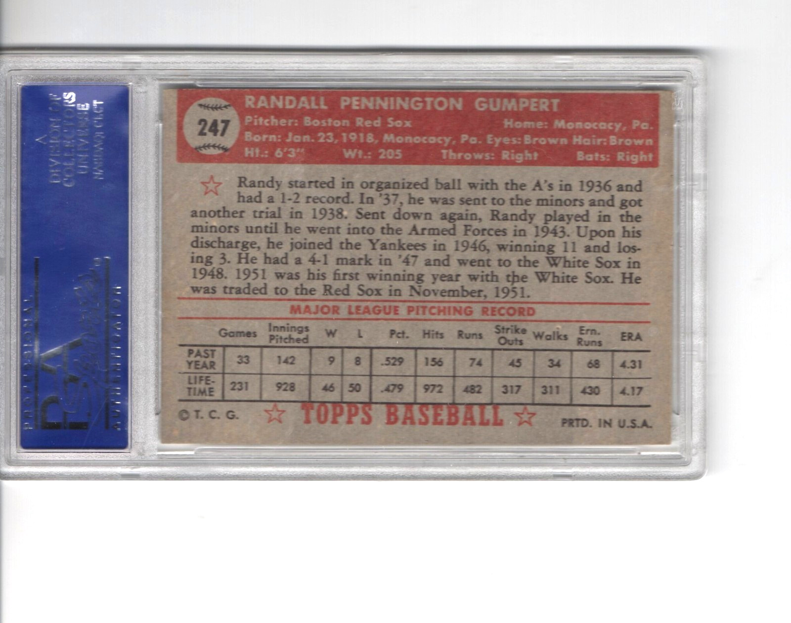 1952 TOPPS #247 RANDY GUMPERT RED SOX PSA EX-MT 6 LOW POP RED BACK LOOKS BETTER view 2