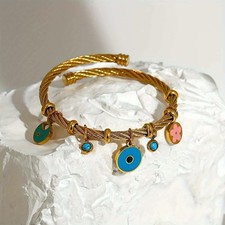 Gold Stainless Steel Charm Bangle Bracelet Stylish Charms Elegant Gift for Women