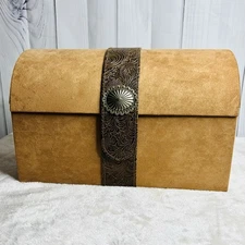 Brown Suede Counter Jewelry Box Leather Band Multi-Tiered 14.5W x 8W x 9H