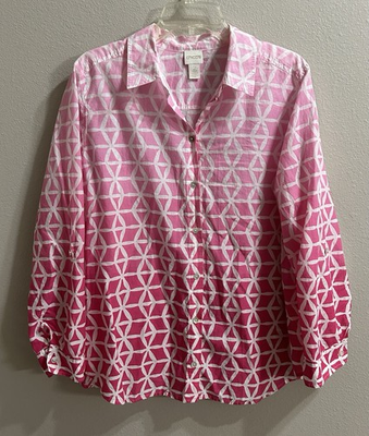#ad Chicos Button Up Shirt Size 2 LG 100% Cotton Pink Fun Print Lightweight Casual $23.19