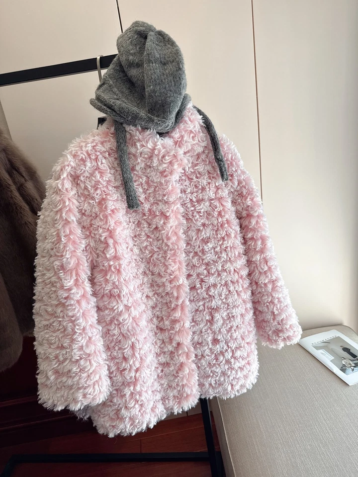 Blusa de pele de cordeiro rosa encaracolada média longa pelúcia grossa 2025 outono inverno feminina - Imagem 3 de 4