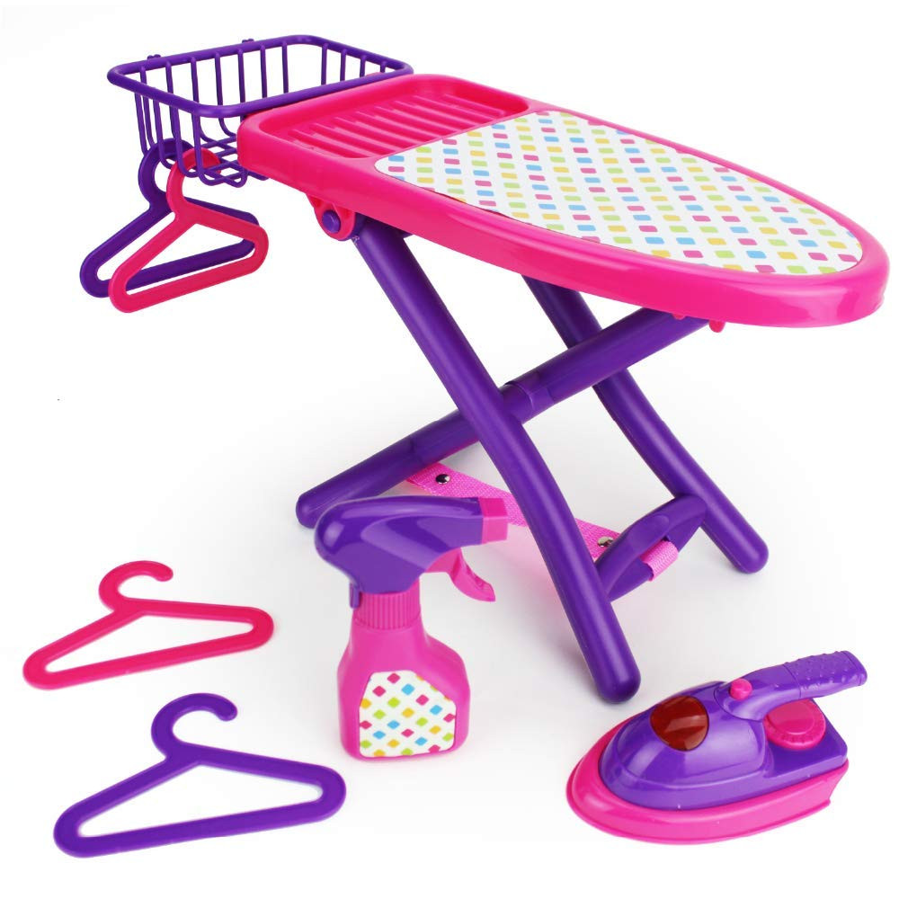 Pretend Play Laundry Playset - 8-Piece Pink and Purple Toy Ironing Board Set ...-image
