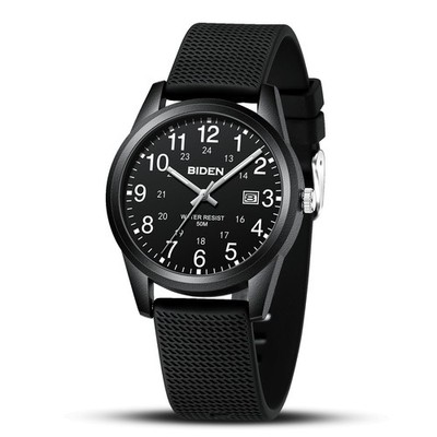 Military Analog Watch 12/24hr Silicone Strap Waterproof Glow 40mm Quartz - Black
