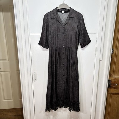 Dosa Silk Dress Black Button Down Short Sleeve Lace Trim Midi Lightweight  Size 2 | eBay