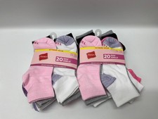 Lot of 2 Hanes Girls Extreme Value Ankle Socks, 20 Pack Asst Colors Large 4-10