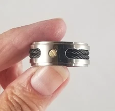 Stuller Titanium Wide Band with 2 Black Stainless Steel Cables Ring 14K Accent