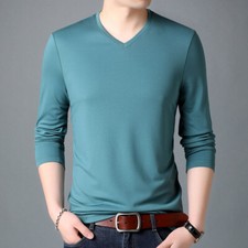 Hombres Camiseta Mangas Largas Cuello en V Color Puro Informal Camiseta Pullover Prendas para el torso