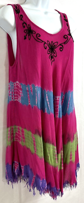 Young USA One Size Pink Tie-Dye Embroidered Asymmetrical Fringe Dress  Sleeveless
