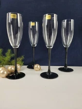 Luminarc Verrerie D'arques France Fluted Champagne Black Stem Glasses Set of 4