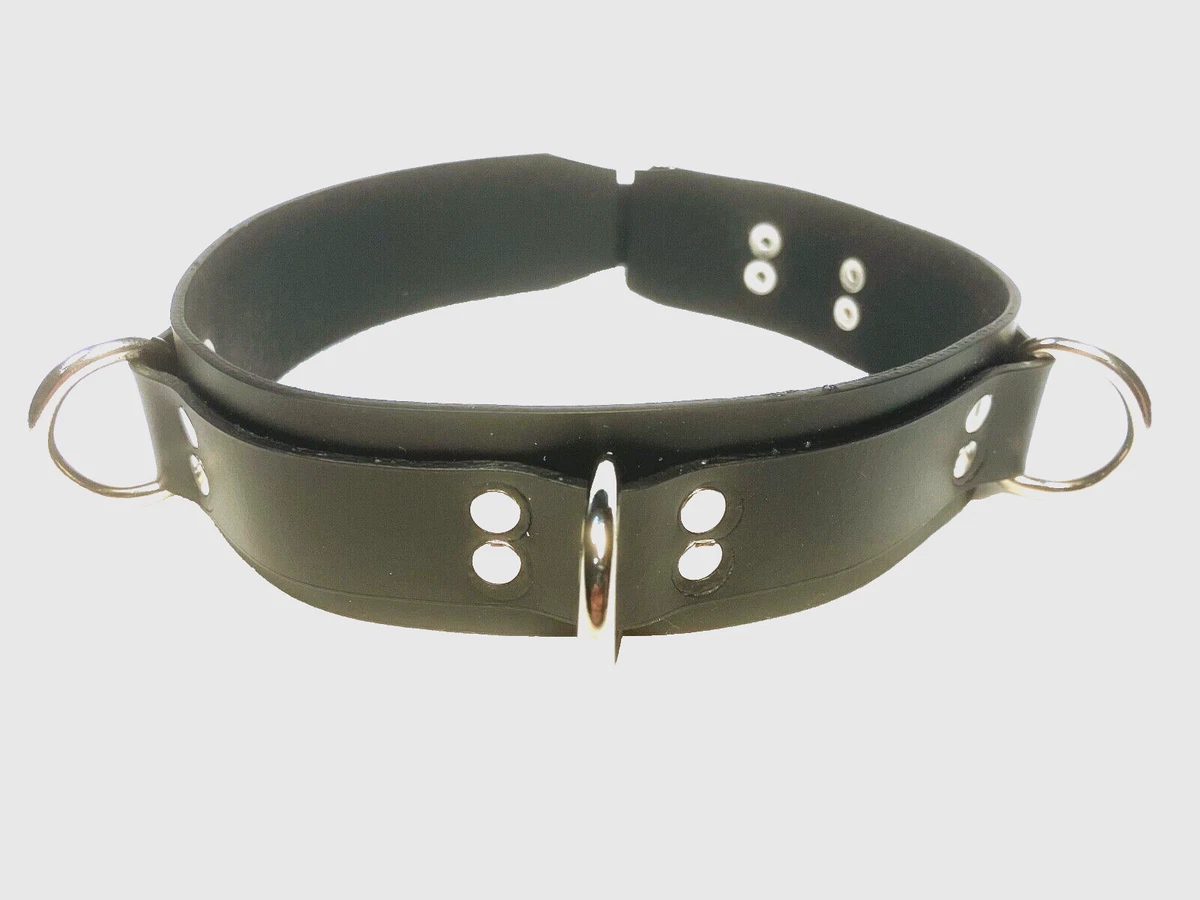 Black Leather 4 d ring LOCKABLE Collar Choker cuff steam punk fashion RATS BUM