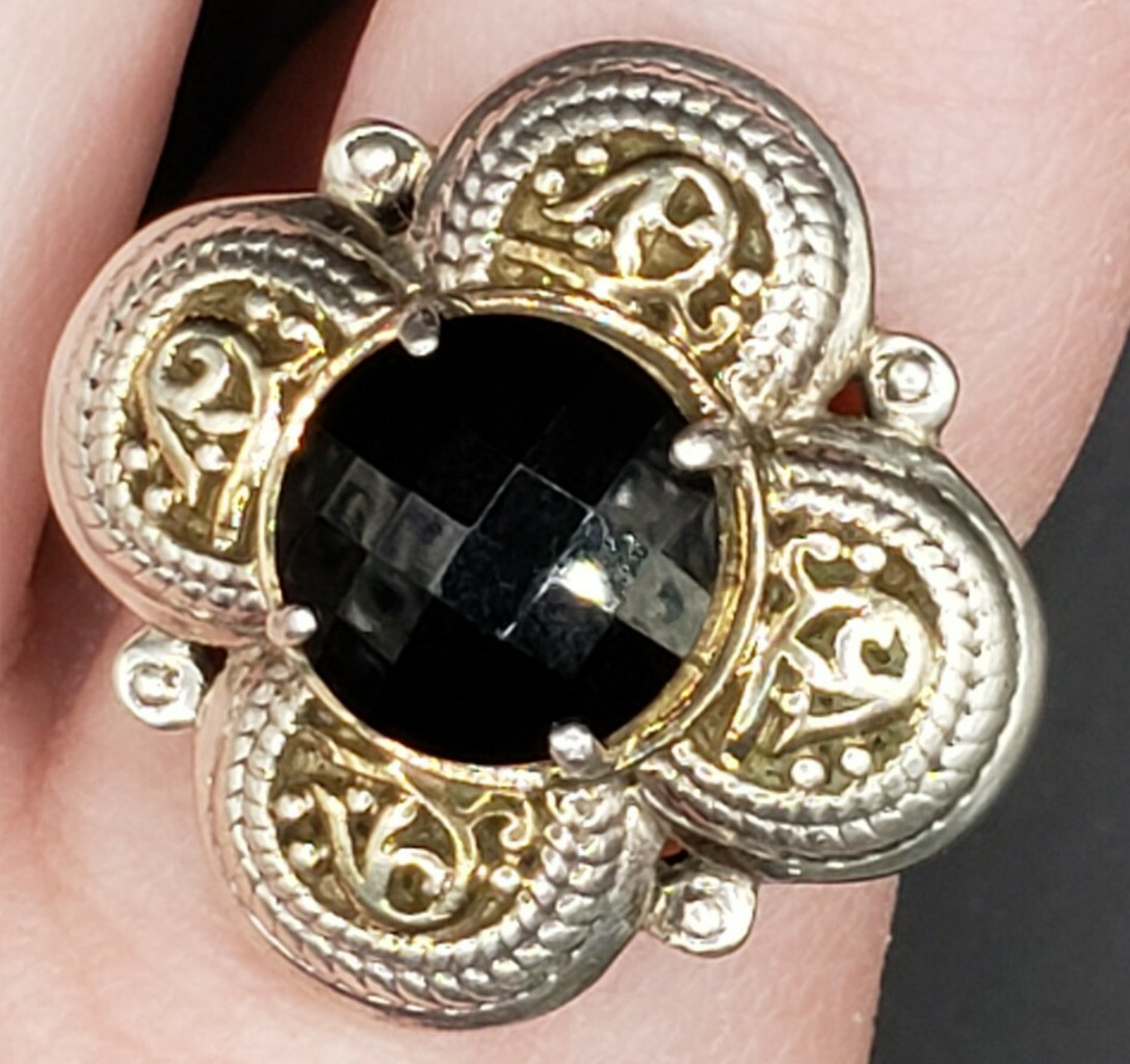 Sterling Silver Scroll Shamrock Shape Faceted Jet… - image 1