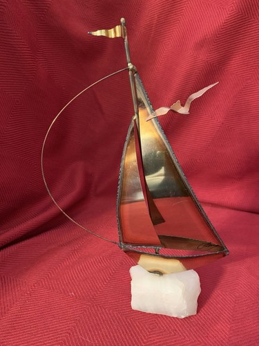 Scultura barca a vela vintage 1970 MCM Mario Jason ottone rame base onice - Foto 1 di 21