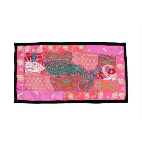 Tapisserie Indienne Patchwork - Murale Avec Perles Et Paillettes - 56x38 Cm
