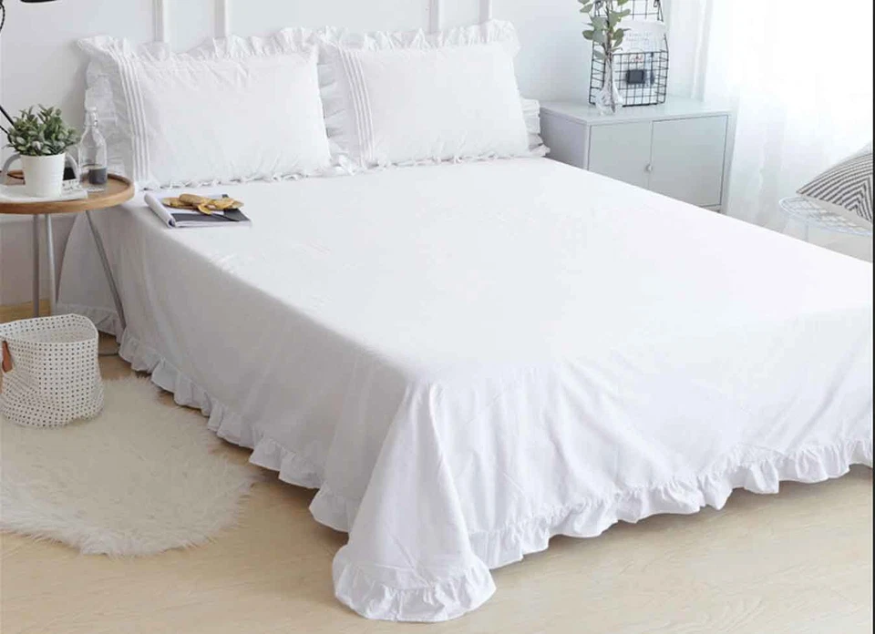 Encantadora sábana blanca 100 % algodón de encaje con volantes anchos de una pieza nueva Foto 3 de 4