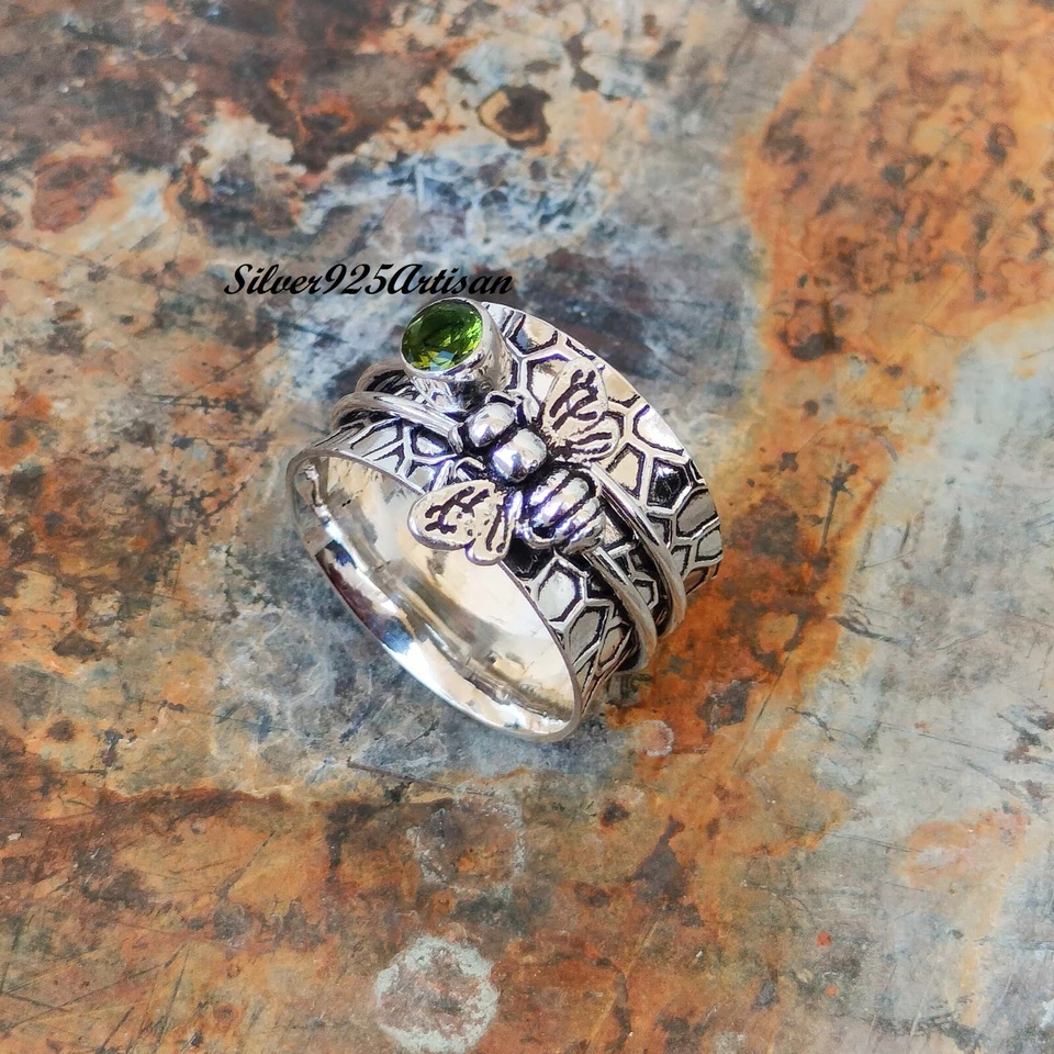 Anillo hecho a mano inquieto de plata esterlina 925 giratorio abeja miel peridoto para mujer SP266 Foto 3 de 4
