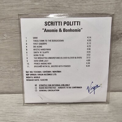 Scritti Politti Anomie & Bonhomie - 1999 CD Virgin Test Press Internal Promo VG